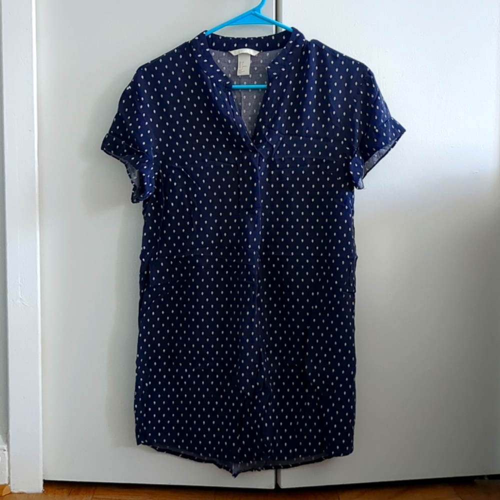 Navy patterned shirt dress.